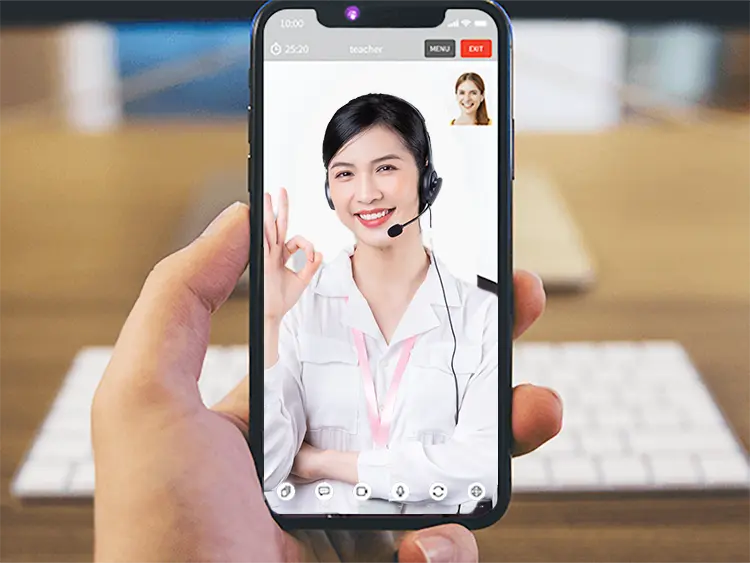 A woman having a American Sign Language conversation lesson on a smartphone