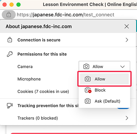 Camera and microphone permission settings